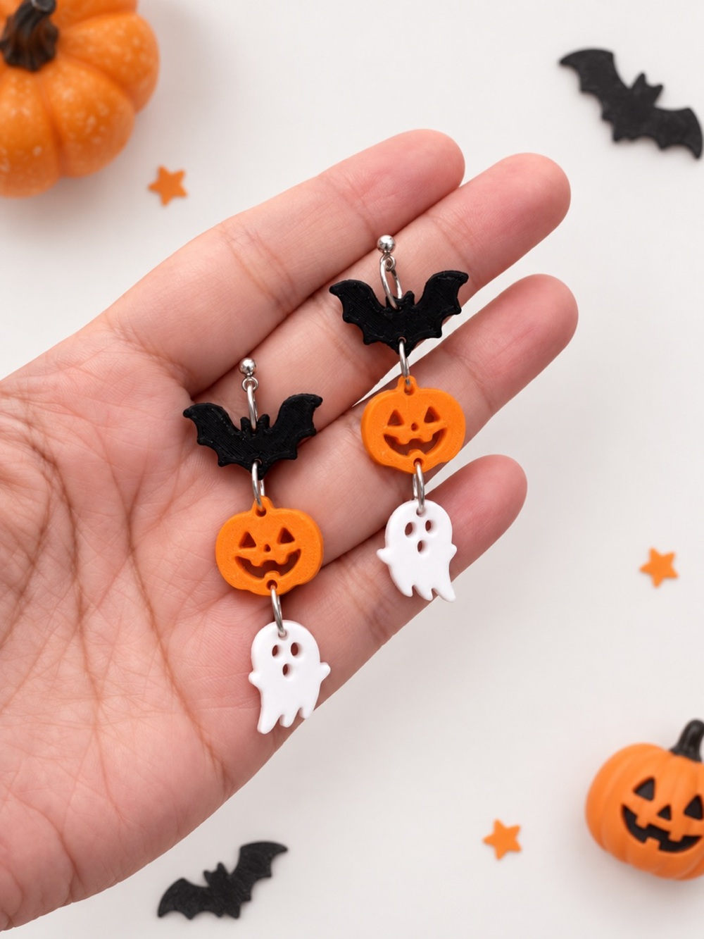 Halloween Bat, Pumpkin & Ghost Dangle Earrings - Orange, Black & White